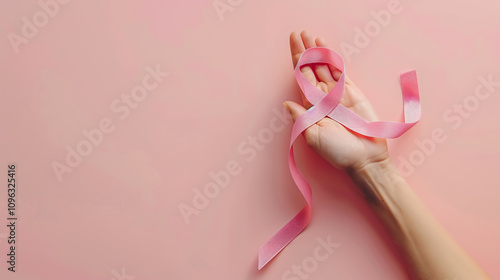Pink Ribbon in Hand: First-person top view photo of a female hand holding a pink ribbon in the palm, symbolizing breast cancer awareness, on an isolated pastel pink background with copyspace.