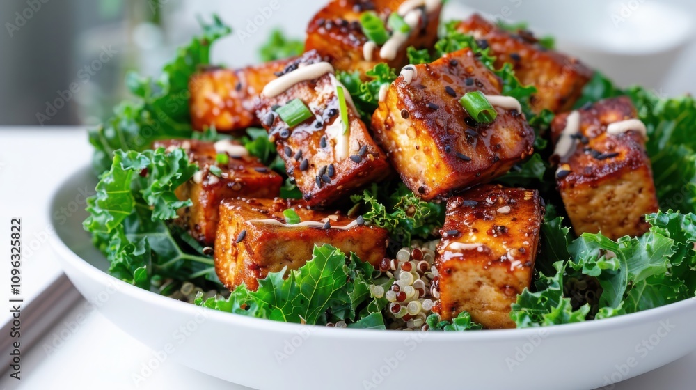 Creating a high-protein vegan salad with tofu quinoa and kale on a clean white plate for healthy eating inspiration Creating a high-protein vegan salad with tofu quinoa and kale on a clean white plate for healthy eating inspiration