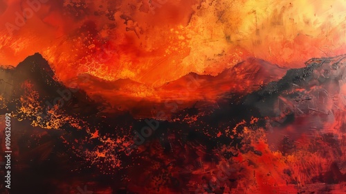 Fiery Volcanic Landscape with Reds Oranges and Dramatic Lava Streams photo