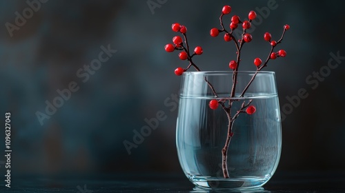 Red twig with red berries in a clear glass of water set against a minimalist dark background, creating ample empty space for text or designs. photo