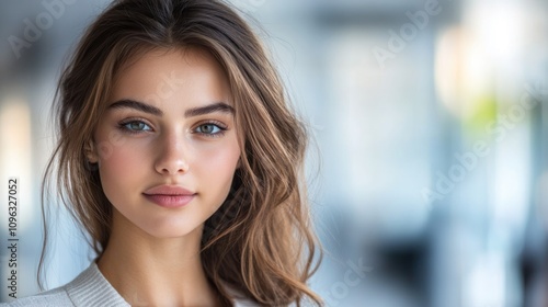 Wallpaper Mural A young woman with long brown hair and blue eyes looks directly at the camera with a neutral expression. Torontodigital.ca