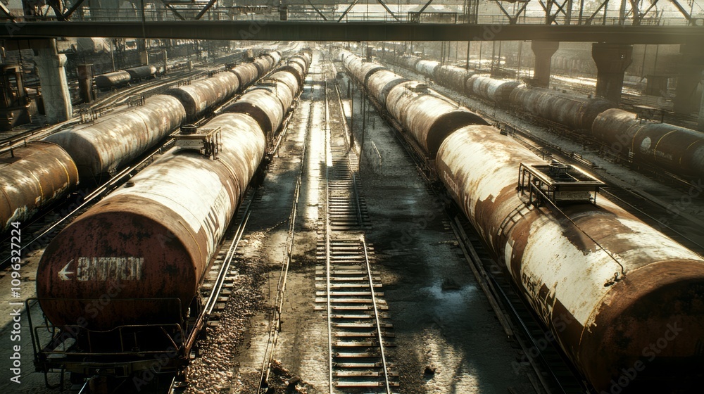 A high angle view of a train yard with several rusty tanker cars on parallel tracks. A high angle view of a train yard with several rusty tanker cars on parallel tracks.