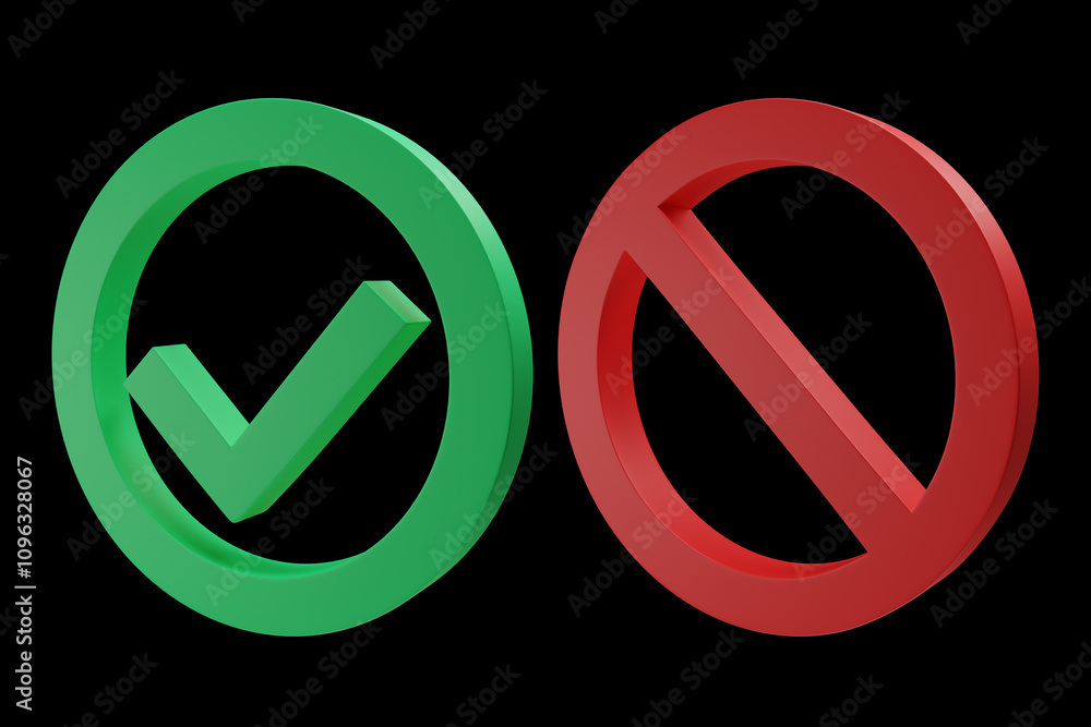 Obraz premium Volumetric green check mark and red prohibited sign isolated on black background