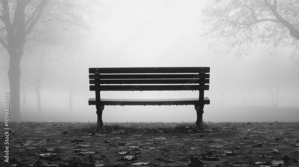 A lone bench sits in a misty park, with the silhouette of trees in the background. A lone bench sits in a misty park, with the silhouette of trees in the background.