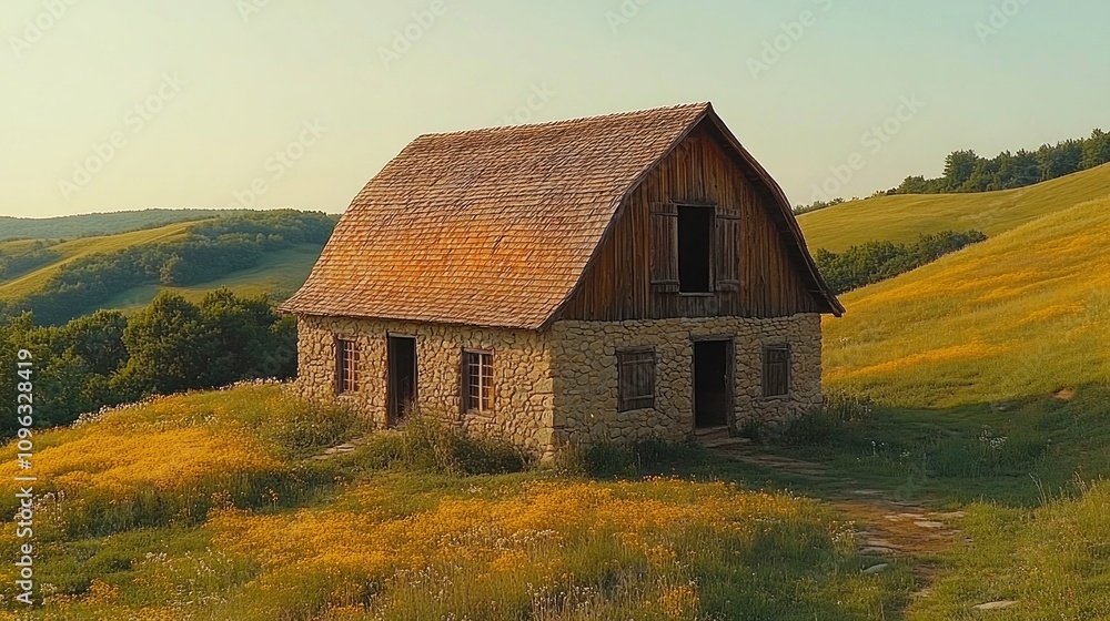 Obraz premium Serene Stone Barn on Rolling Hills