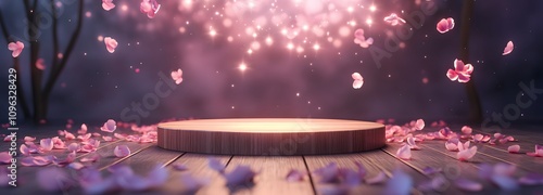 A polished wooden podium with glowing pink lights, surrounded by floating petals and stars, with a large central space for showcasing a product. photo