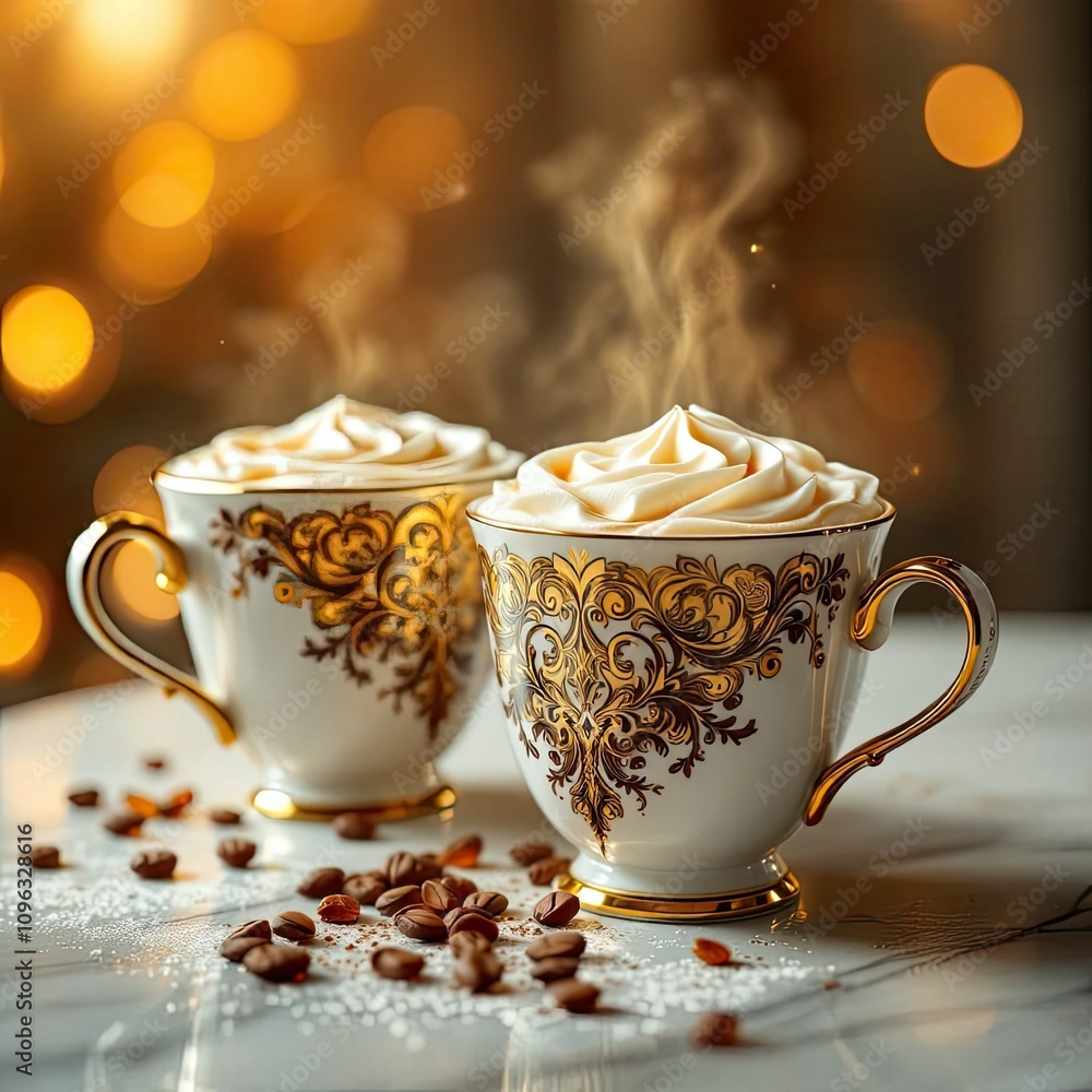 Fototapeta premium Bokeh-drenched cappuccino cups, creamy milk foam artistry.