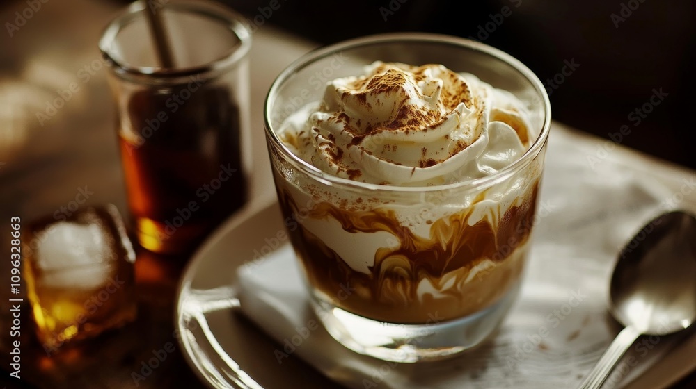 Delicious Coffee with Creamy Topping in Glass Delicious Coffee with Creamy Topping in Glass