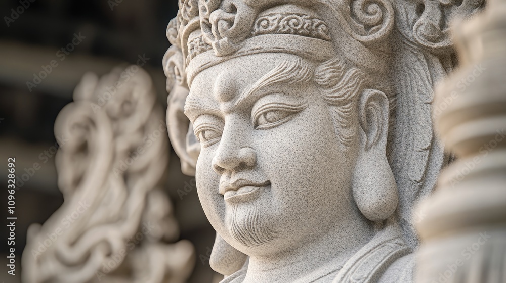 Regal stone sculpture capturing a wise and strong figure, showcasing intricate craftsmanship and detailed facial features. Regal stone sculpture capturing a wise and strong figure, showcasing intricate craftsmanship and detailed facial features.