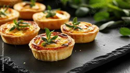 Savory mini quiches on a slate tray, beautifully garnished with fresh herbs, highlighting their golden crusts and colorful fillings.