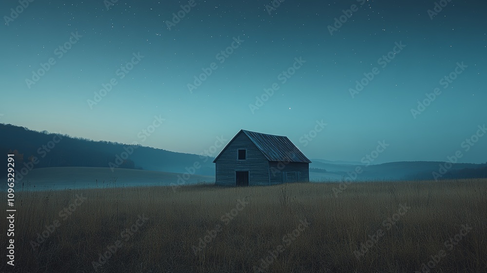 A lone wooden barn stands in a misty field under a star-filled night sky. A lone wooden barn stands in a misty field under a star-filled night sky.