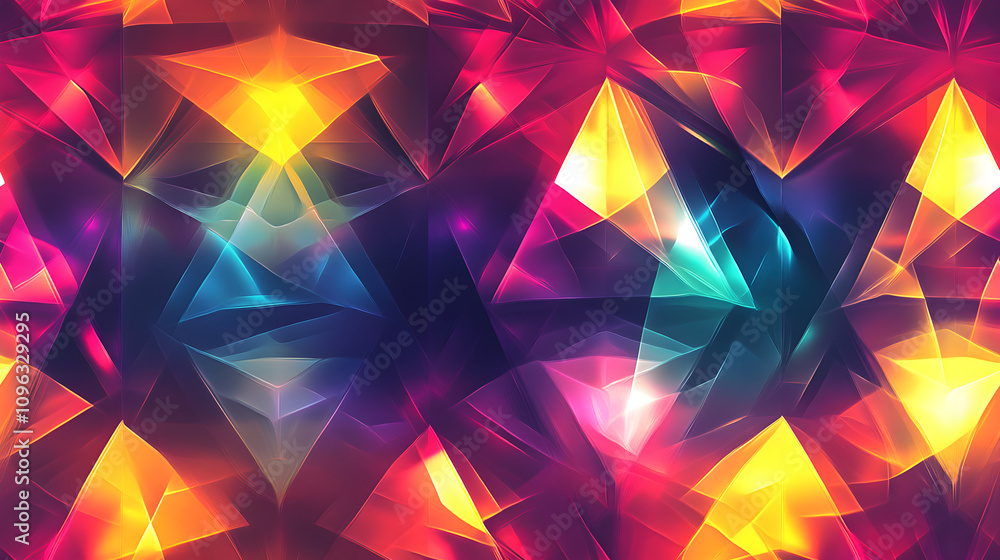 Naklejka premium Seamless Geometric Crystal Pattern with Abstract Vibrant Colors in Pink, Yellow, and Blue for Dynamic Artistic Background