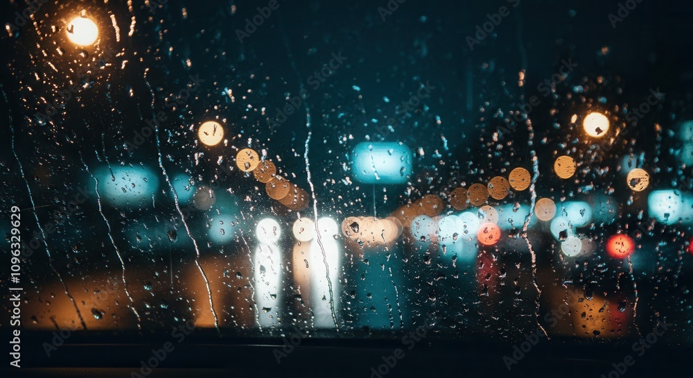 Fototapeta premium Raindrops on car window at night with city lights bokeh