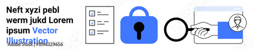 Checklist, locked padlock, magnifying glass inspecting ID card, and sample text. Ideal for cybersecurity, data protection, identification verification, compliance processes, secure access, analytics