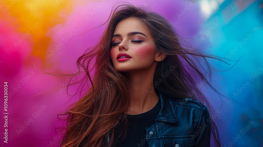 A young woman with long hair is lost in thought, surrounded by colorful smoke against a backdrop of city life, creating a lively and dreamy vibe A young woman with long hair is lost in thought, surrounded by colorful smoke against a backdrop of city life, creating a lively and dreamy vibe