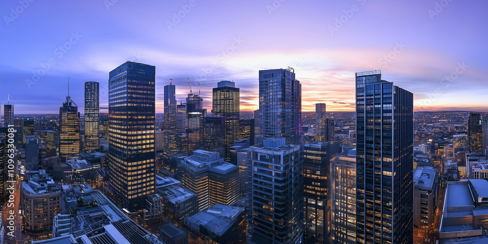 Obraz premium Modern City Skyline with CBD Office Buildings at Sunset, Drone View
