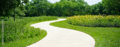 Vibrant Carbon-Negative Garden A Serene Oasis of Specially Bred Plants Capturing Carbon Amidst Colorful Blooms and Inviting Paths for Exploration photo