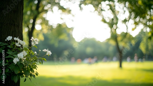 Urban Oasis A Carbon-Negative Haven - Families Relax in a Lush Park Absorbing Emissions Surrounded by Blooming Flowers and Towering Trees photo