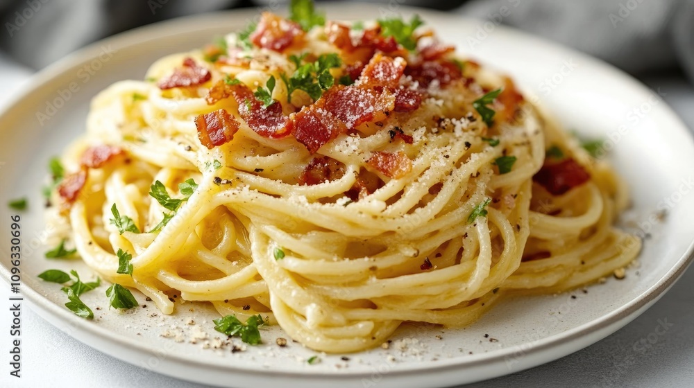Delicious spaghetti carbonara elegantly presented with crunchy bacon bits and vibrant parsley on a classic white plate, perfect for Italian food lovers. Delicious spaghetti carbonara elegantly presented with crunchy bacon bits and vibrant parsley on a classic white plate, perfect for Italian food lovers.