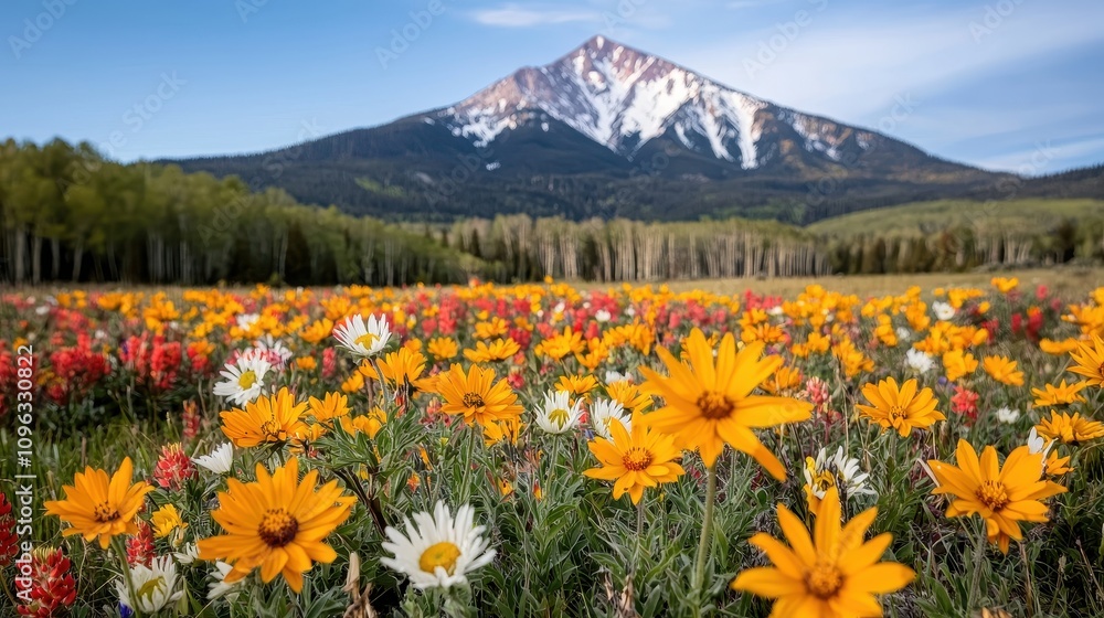 Fototapeta premium Vibrant Wildflower Field with Majestic Mountain Background Under Clear Blue Sky During Spring Season in Nature's Breathtaking Landscape