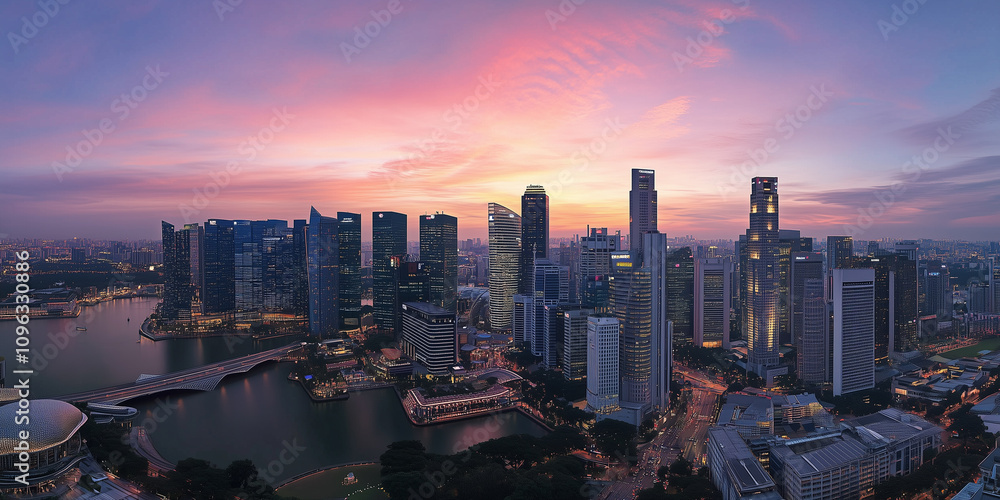 Fototapeta premium Modern City Skyline with CBD Office Buildings at Sunset, Drone View