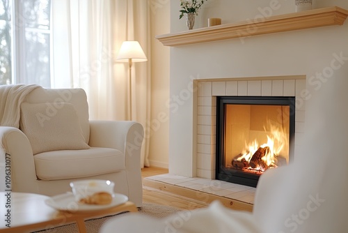 Cozy living room features a warm fireplace, soft seating, and a relaxing atmosphere during winter evenings