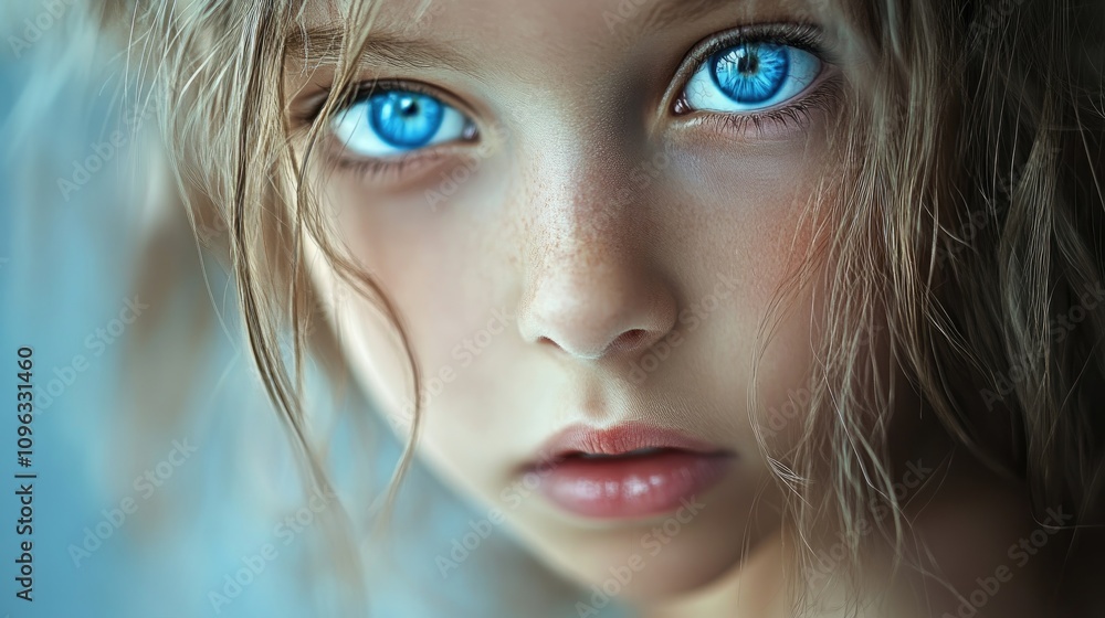 Close-up portrait of a preteen girl showcasing her captivating blue eyes and soft, tousled hair against a blurred background. Close-up portrait of a preteen girl showcasing her captivating blue eyes and soft, tousled hair against a blurred background.