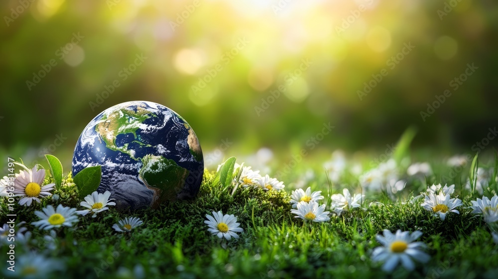 A miniature globe sits amongst a field of white daisies and green grass, bathed in the warm glow of the sun. A miniature globe sits amongst a field of white daisies and green grass, bathed in the warm glow of the sun.