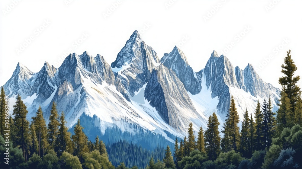 Fototapeta premium Majestic Snow-capped Mountain Range with Lush Forest