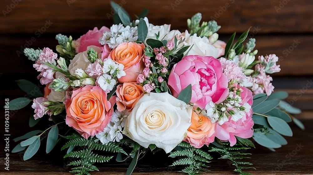 Beautiful Floral Arrangement of Fresh Roses, Peonies, and Delicate Blooms on a Rustic Wooden Background, Perfect for Celebrations and Events Beautiful Floral Arrangement of Fresh Roses, Peonies, and Delicate Blooms on a Rustic Wooden Background, Perfect for Celebrations and Events