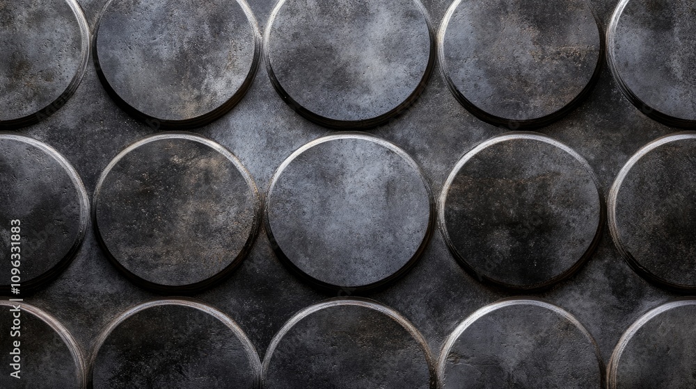 Gray arabesque geometric circles pattern on a textured worn cement tile wall, featuring a vintage aesthetic with distinct circular shapes and a weathered appearance. Gray arabesque geometric circles pattern on a textured worn cement tile wall, featuring a vintage aesthetic with distinct circular shapes and a weathered appearance.