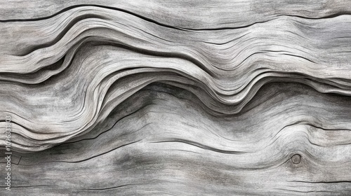 Close-up of weathered gray wood with intricate wave patterns and textures, showcasing natural beauty.