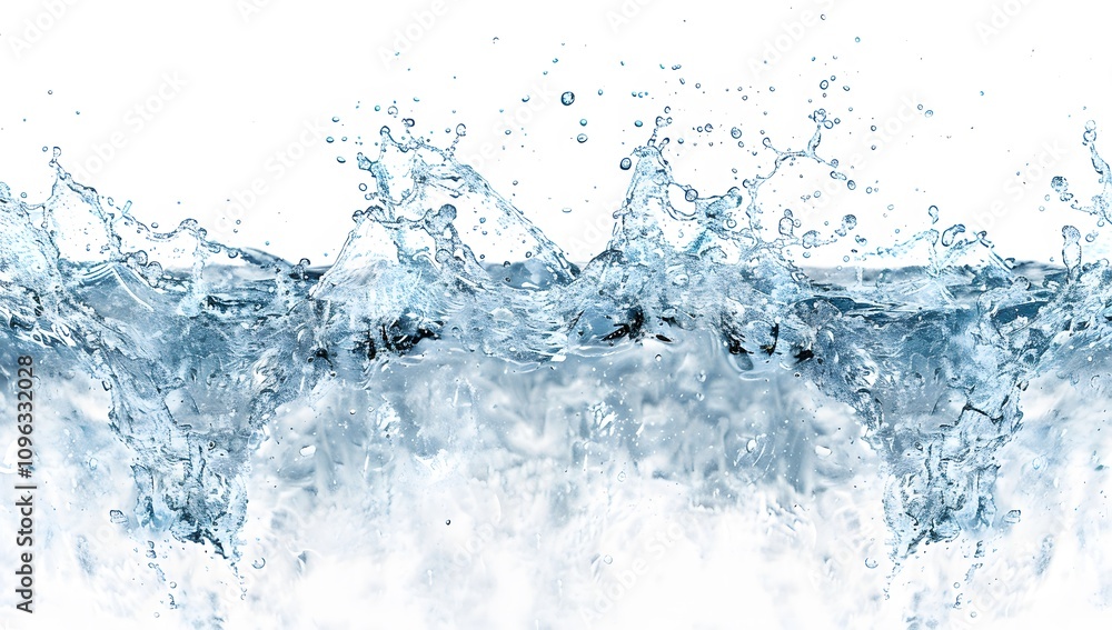 Dynamic water splash on a white background. Refreshing, cool, and energetic. Dynamic water splash on a white background. Refreshing, cool, and energetic.