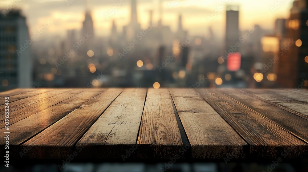 Wooden tabletop in the foreground with a blurred, atmospheric urban skyline backdrop creating an ideal display setting for product presentations. Wooden tabletop in the foreground with a blurred, atmospheric urban skyline backdrop creating an ideal display setting for product presentations.