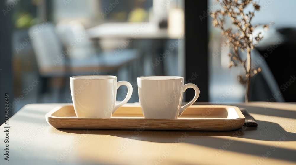 Two white coffee cups on a wooden tray illuminated by sunlight in a stylish cafe setting, with blurred background furniture and minimalistic decor. Two white coffee cups on a wooden tray illuminated by sunlight in a stylish cafe setting, with blurred background furniture and minimalistic decor.