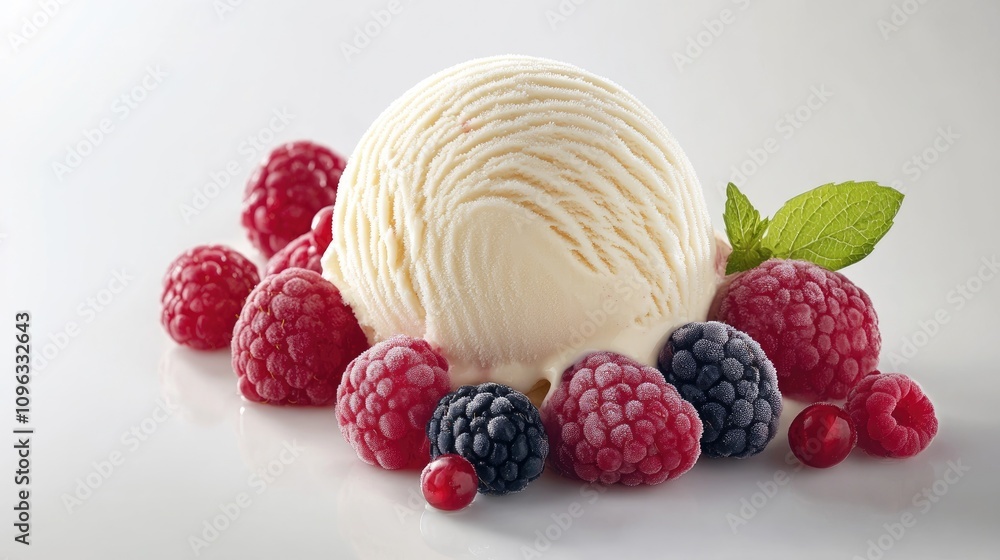 Raspberry and Vanilla Ice Cream Scoop Surrounded by Fresh Raspberries and Blackberries with a Touch of Mint Garnish Raspberry and Vanilla Ice Cream Scoop Surrounded by Fresh Raspberries and Blackberries with a Touch of Mint Garnish