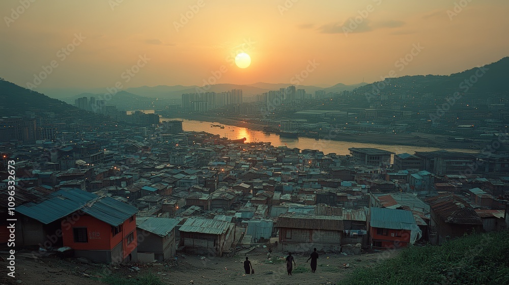 Fototapeta premium A panoramic view of a city with a river and mountains in the background. The sun is setting, casting a warm glow over the scene. Three people are walking on a path in the foreground.
