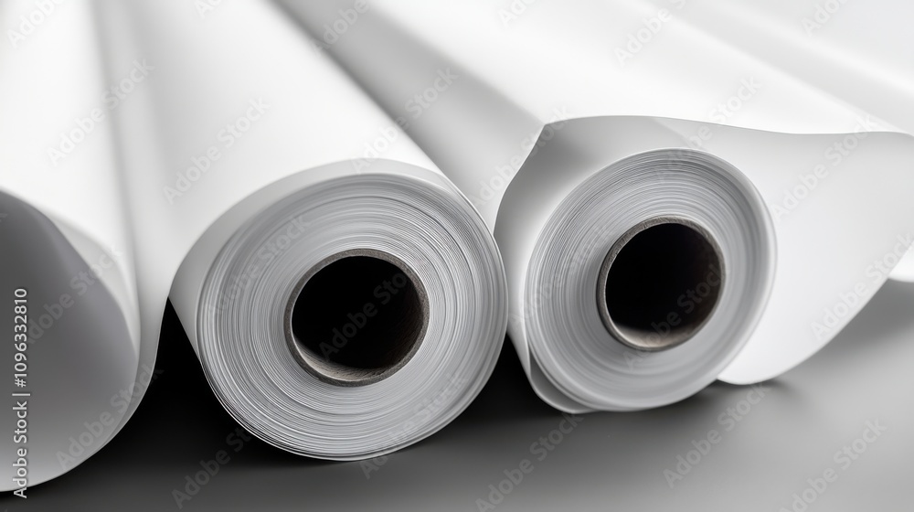 Fototapeta premium Two rolls of pristine white paper showcasing their smooth surfaces and neat rolls, perfect for any artistic project.
