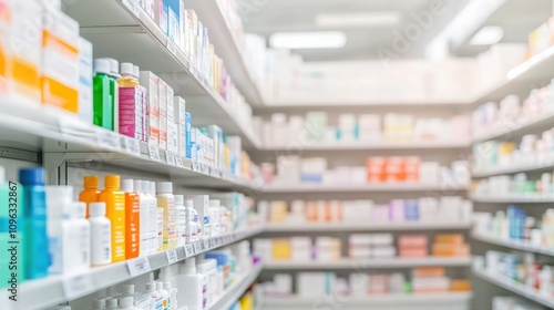 A blurred pharmacy drugstore with shelves stocked full of colorful medicine bottles and healthcare products, soft white lighting creating a clean, clinical atmosphere.