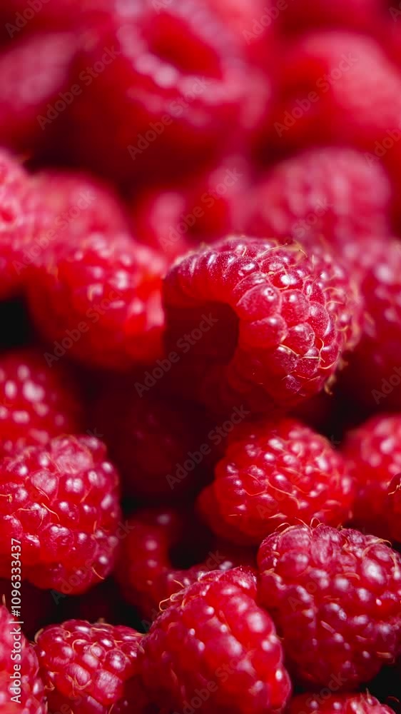 Vertical video. Juicy ripe berries rotating. Fresh raspberry fruits. Macro video. Juicy and delicious red berries. Organic food. Healthy concept. Vegetarian harvest. Close-up in 4K, UHD Vertical video. Juicy ripe berries rotating. Fresh raspberry fruits. Macro video. Juicy and delicious red berries. Organic food. Healthy concept. Vegetarian harvest. Close-up in 4K, UHD