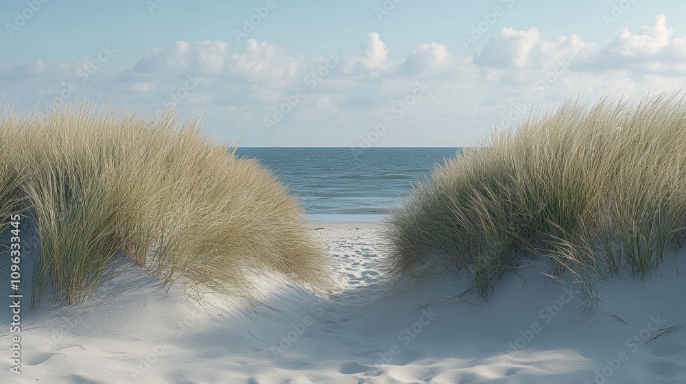 A pathway through sand dunes leads to a view of the ocean and a bright blue sky.