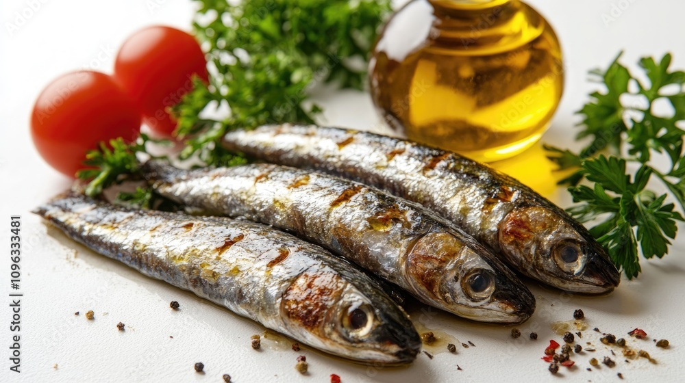 Marinated anchovies drizzled with olive oil and vinegar, complemented by fresh parsley and cherry tomatoes on a white background. Marinated anchovies drizzled with olive oil and vinegar, complemented by fresh parsley and cherry tomatoes on a white background.