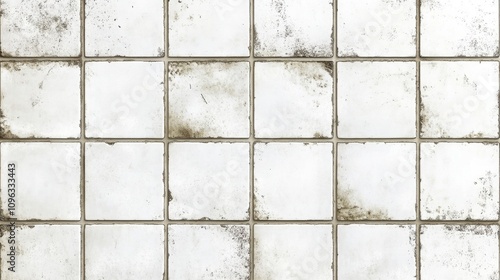 Detailed view of weathered white tiles showcasing dirt and stains in a subtle, rustic ambiance.