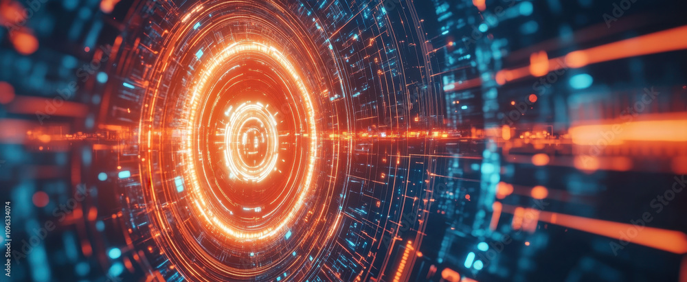 Fototapeta premium Abstract futuristic background with glowing digital elements and circuit board patterns in an orange and red color palette