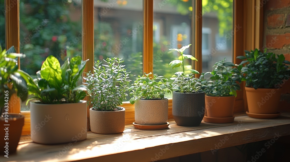 Fototapeta premium A row of potted herbs sit on a windowsill, bathed in sunlight. The windowsill is made of wood and there is a brick wall behind the plants