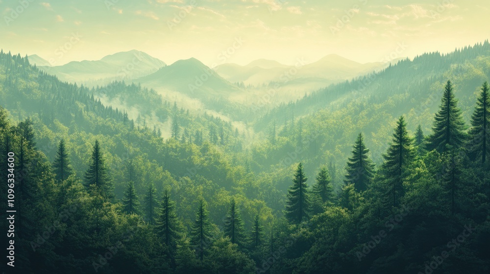 Dense pine forest covering rolling hills under a misty sky, creating a serene woodland scene Dense pine forest covering rolling hills under a misty sky, creating a serene woodland scene