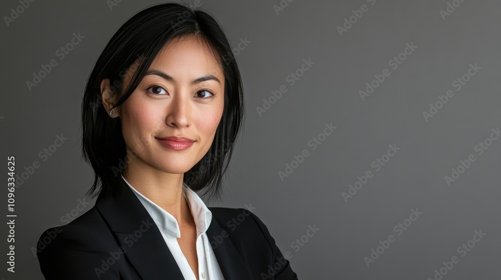 Professional portrait of a confident individual in formal black blazer with a subtle smile, posed against a sleek gray background. Professional portrait of a confident individual in formal black blazer with a subtle smile, posed against a sleek gray background.