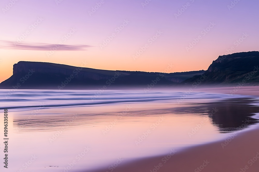 Serene beach at sunset reflecting soft colors on calm water. Serene beach at sunset reflecting soft colors on calm water.