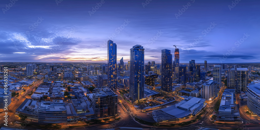 Obraz premium Modern City Skyline with CBD Office Buildings at Sunset, Drone View
