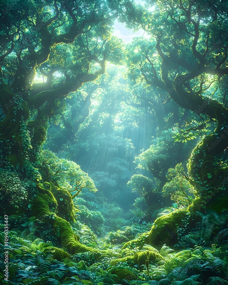 Naklejka premium A serene forest scene featuring lush greenery and sunlight filtering through the trees, creating a mystical atmosphere in an enchanting woodland setting.